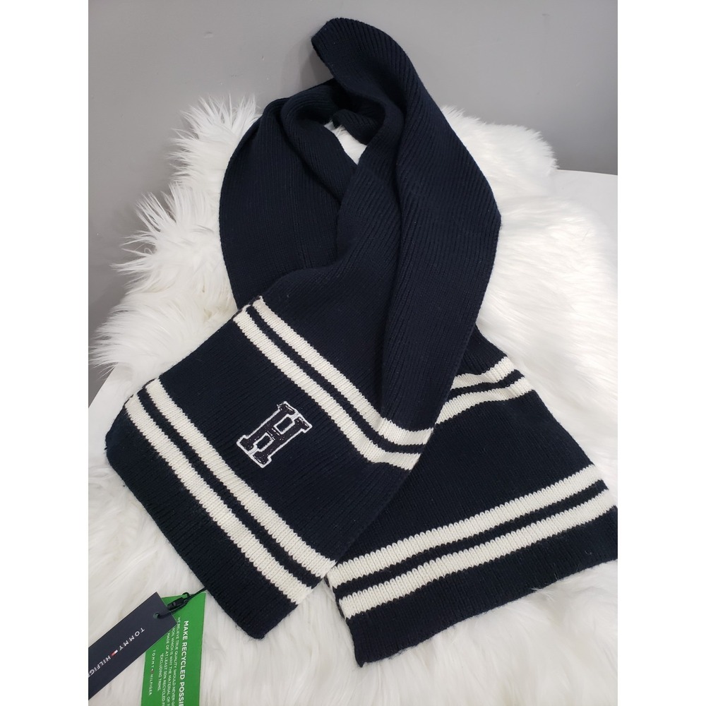 Tommy Hilfiger Varsity Patch Ribbed Knit Unisex Scarf Navy Blue Academic Preppy